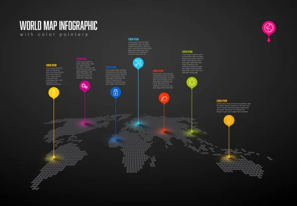 Mapa Mundo Oscuro Con Marcas Puntero Iconos Descripciones Plantilla Infografía — Vector de stock