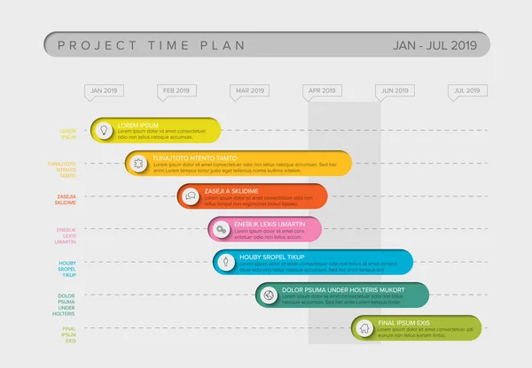 Vector project timeline graph - gantt progress chart with highlighet project tasks with icons in time intervals