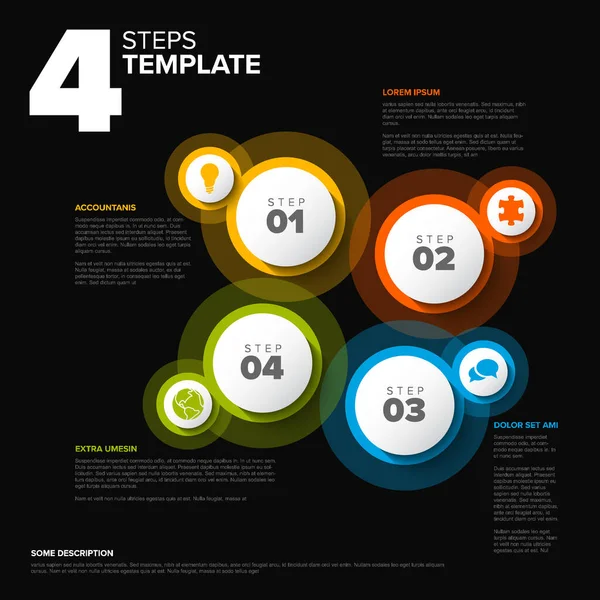 Plantilla Pasos Progreso Oscuro Vectorial Con Descripciones Iconos Círculos — Archivo Imágenes Vectoriales