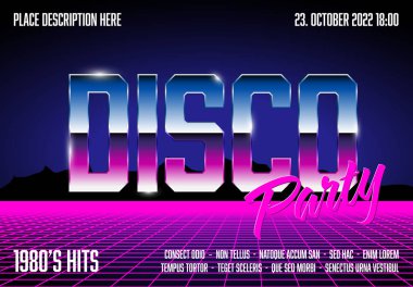 Konser partisi poster şablonu 1980 yılının retro müziği ve retro dans tarzıyla