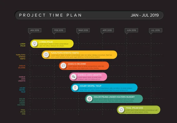 Vektor Projekt Timeline Graph Gantt Fortschrittsdiagramm Mit Highlightingprojektaufgaben Mit Symbolen — Stockvektor