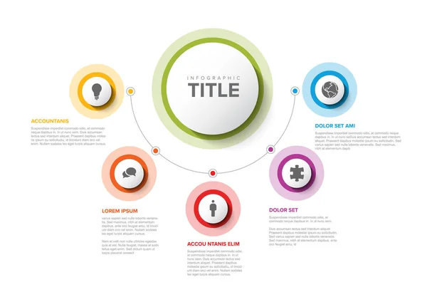 Vector Multifuncțional Șablon Infografic Titlu Cinci Opțiuni Elemente Culori Moderne — Vector de stoc