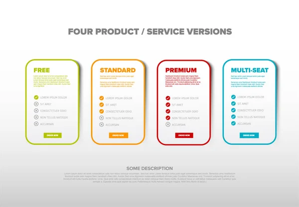 Características Del Producto Tarjetas Plantilla Esquema Con Cuatro Servicios Listas — Archivo Imágenes Vectoriales