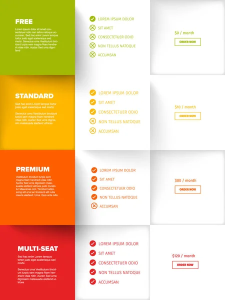 Característica Servicio Productos Comparar Plantilla Tabla Lista Mosaico Con Varias — Vector de stock