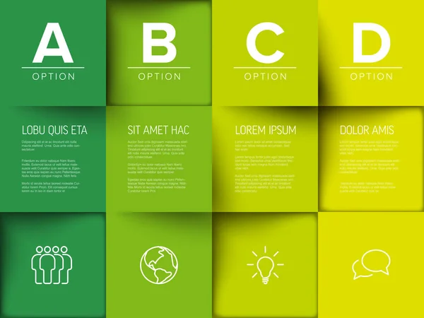 多目的モザイク4文字のオプションアイコンの文字やテキストと緑の色のコンテンツの正方形から作られたインフォグラフィック — ストックベクタ