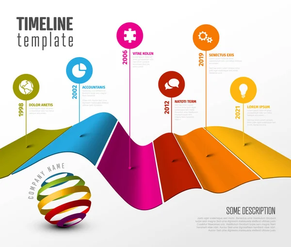 Vector Infographic Diagonal Timeline Report Template Colored Stripe Graph Icons — Stock Vector