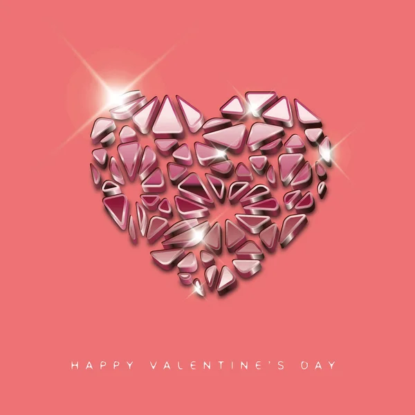 Pink Metallic Glassy Happy Valentines Day Card Template Heart Concept — Stock Vector