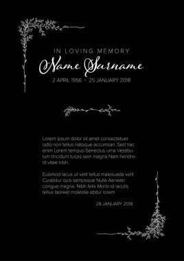 Funeral condolence death notice card template with handdrawn floral elements - black version clipart