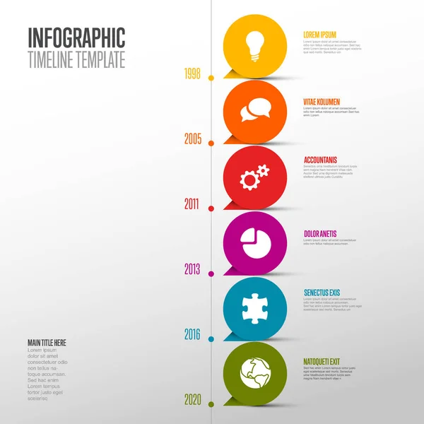 Vector Pionowe Infografika Firma Kamienie Milowe Timeline Szablon Kolorowymi Wskaźnikami — Wektor stockowy
