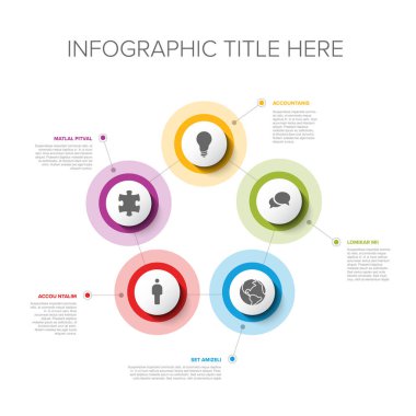Beyaz arkaplanda beş element seçeneği ve modern renkler içeren çok amaçlı vektör bilgi şablonu seti. Her bilgi ikonu 6 'dan 2.