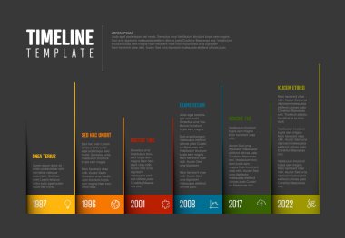 Vector Dark Infographic Company Milestones Renkli Zaman Çizelgesi Şablonu Renk kenarlı ve simgeli sayfalardan yapıldı. Yıllar ile renkli zaman çizelgesi 
