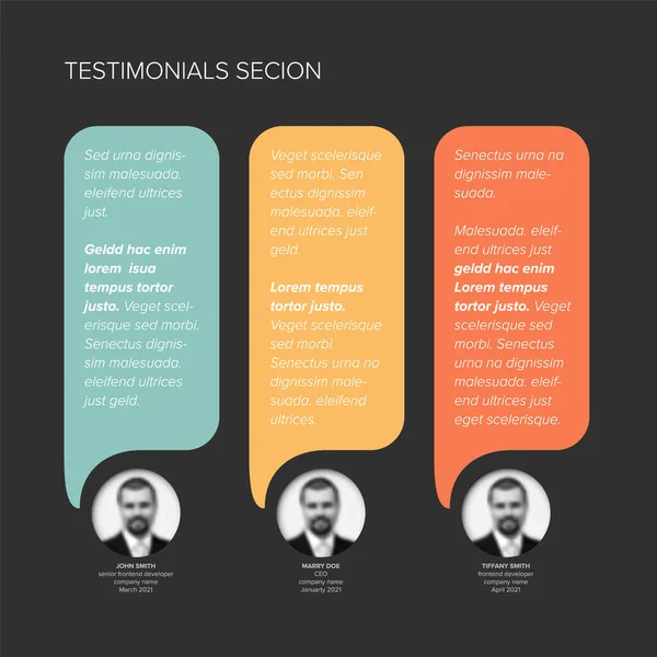 Simple Dark Minimalistic Testimonial Review Section Layout Template Three Vertical — Stock Vector