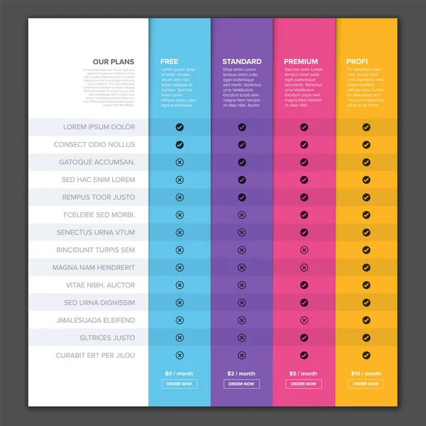 Products Service Feature Compare List Table Template Various Options Description — Stock Vector