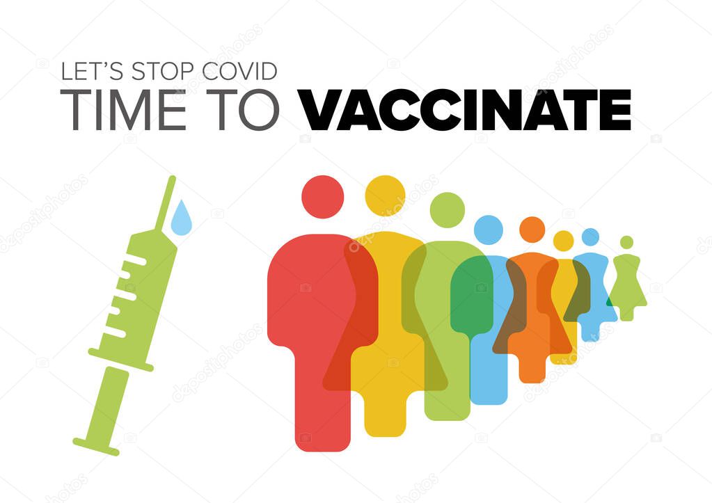 Time to vaccinate poster flyer template layout with injection with vaccine and people for vaccination. White background vaccination poster flyer banner concept image
