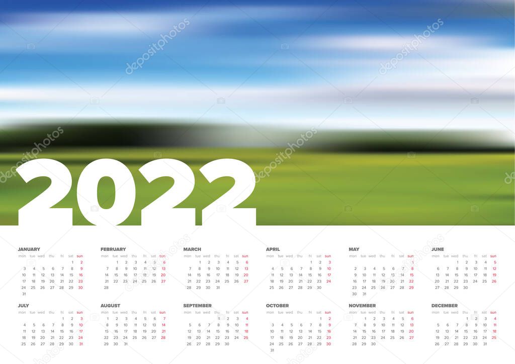 Vector white calendar layout template for the year 2022 with place for your photo. Light template with all calendar months - simple minimalistic calendar template