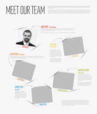 Company team light presentation template with team profile photos placeholders and some sample text about each team member - retro photo team members placeholders with description clipart