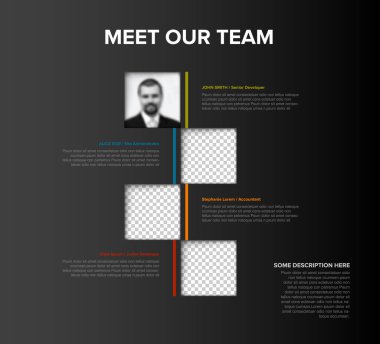 Company team members color mosaic presentation template with team profile photos placeholders and some sample text about each team member - solid dark mosaic version with team photos