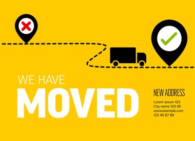 We are moving from one address to another address - minimalistic yellow flyer template with place for new company office shop location address. Template for poster flyer with new address after relocation.