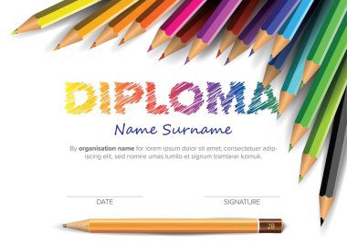 Colorful child diploma certificate template with color crayons and drawing pencil and big color lettering. Kids diploma certificate template ready to print in a4 size