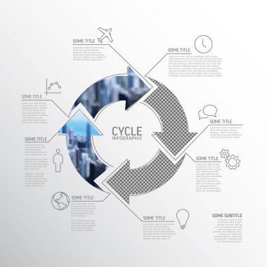 Vector Simple cycle infographic template with photo placeholders. Business company overview profile with four photos in arrows circle and some descriptions. 