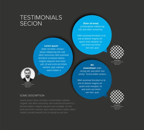 Simple Dark Minimalistic Testimonial Review Section Layout Template Three Blue — Vector de stock