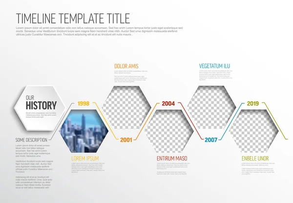 Vector Infographic Timeline Template Made Hexagon Photo Placeholders Text Content —  Vetores de Stock