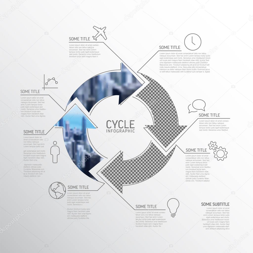 Vector Simple cycle infographic template with photo placeholders. Business company overview profile with four photos in arrows circle and some descriptions. 