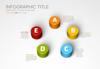 Vector multipurpose Infographic template made from five color cylinders chart with numbers descriptions and legend - light background version with five elements clipart