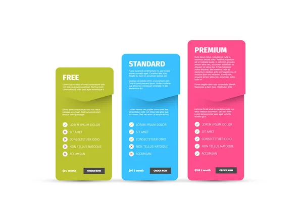 Pricing Table Light Template Three Options Product Subscription Types List — Wektor stockowy
