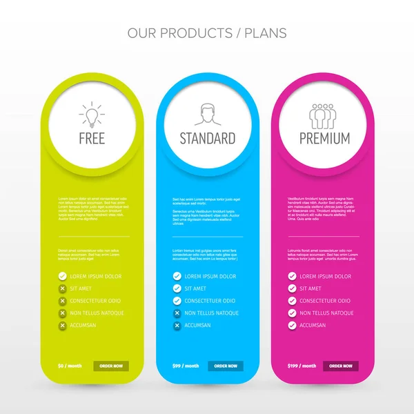Pricing Table Light Template Three Options Product Subscription Types List — Wektor stockowy