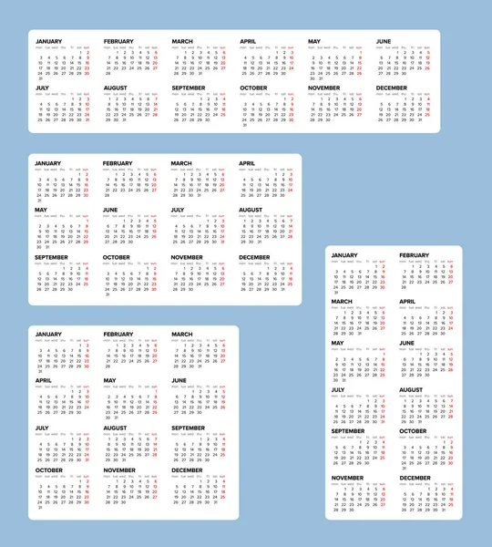 2022 yılı için vektör beyaz takvim şablonları koleksiyonu. Tüm takvim ayları ile ışık şablonunun dört yerleşim sürümü - basit minimalist takvim şablonu