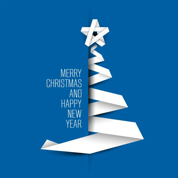 Tarjeta simple vector azul con árbol de navidad hecho de raya de papel — Vector de stock