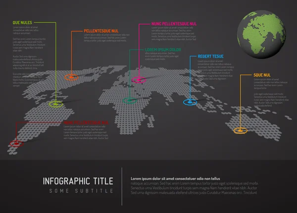 Mapa do mundo escuro com marcas de ponteiro — Vetor de Stock