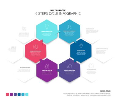 6-steps cycle infographic template is presented with a clean design. This hexagonal cycle infographic provides six distinct steps for various presentations, perfect for displaying a 6-step cycle.