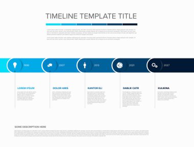 A clean, modern blue horizontal business timeline template for illustrating project milestones and progress. Timeline template with distinctive milestones for presentation or clear project planning.