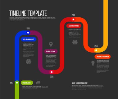 Timeline infographic template using a colorful wavy path to illustrate chronological events. This timeline template is perfect for presenting historical data or project milestones in an engaging way.