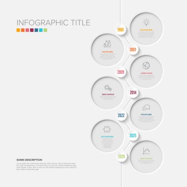 Veri sunumu için dairesel elementler içeren temiz bir bilgi zaman çizelgesi tasarımı. Bu bilgi zaman çizelgesi açık bir görsel zaman çizgisinde adımları, geçmişi veya süreci göstermek için idealdir..
