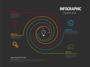 Karanlık, modern bir bilgi şablonu renkli bir spiral dizayn içerir. Çeşitli bilgi sunumu için çeşitli simgeler ve metin kutuları içeren minimalist biçimi ile spiral bilgi şablonu