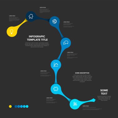 Mavi ve sarı halkalar halinde birbirine bağlı modern ve minimalist bir zaman çizelgesi. Bilgi zaman çizelgesi şablonu veri görselleştirmesi için çeşitli simgeler ve metin yer tutucuları içerir.