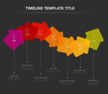 İş planlaması için renkli bir zaman çizelgesi sunan profesyonel bir bilgi şablonu. Bu zaman çizelgesi birkaç yıl içinde renkli bir tasarımda çeşitli adımlar ve dönüm noktalarını gösterir..