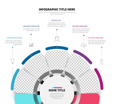 Fotoğraf tutucuları ile dairesel bir yerleşim içeren kişiselleştirilebilir bilgi şablonu. Bu bilgi şablonu iş verileri için profesyonel bir bilgi şablonu sunar.