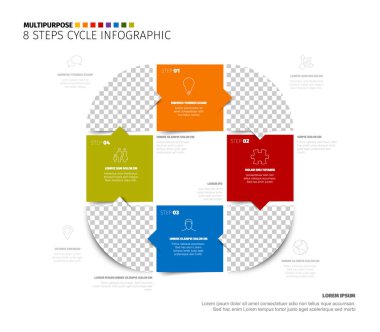 Bu profesyonel 4 ya da 8 aşamalı döngü bilgisi bir iş sunumu için mükemmel. Çok yönlü 8 basamaklı bilgi döngüsü dört renkli karo ve yer tutucu arkaplanı içerir.