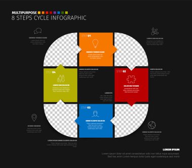 İş sunumları için profesyonel 8 basamaklı bilgi şablonu. Bu 8 basamaklı bilgisel veri görselleştirmesi için koyu bir arkaplan, renkli kare bloklar ve döngü simgeleri içerir.