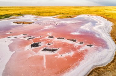 Kalmykia 'da pembe göl. Tuz bataklığında pembe ve beyaz tuz. İnanılmaz bir doku yapısı var.