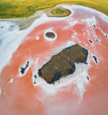 Kalmykia 'da pembe göl. Tuz bataklığında pembe ve beyaz tuz. İnanılmaz bir doku yapısı var.