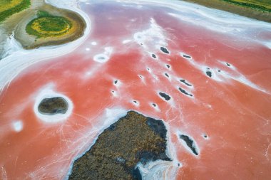 Kalmykia 'da pembe göl. Tuz bataklığında pembe ve beyaz tuz. İnanılmaz bir doku yapısı var.