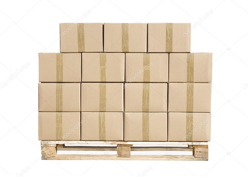 Cardboard boxes on wooden palette on white