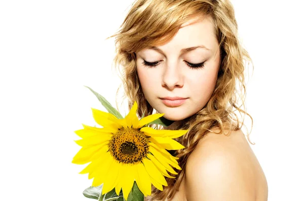 Beautifull attractive young woman with sunflower — Stock Photo, Image