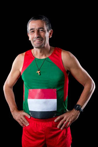 Portugalský Běžec Muž Středního Věku Černém Pozadí — Stock fotografie