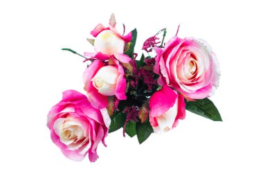 Beyaz arka planda sahte pembe gül çiçekleri görünümü.